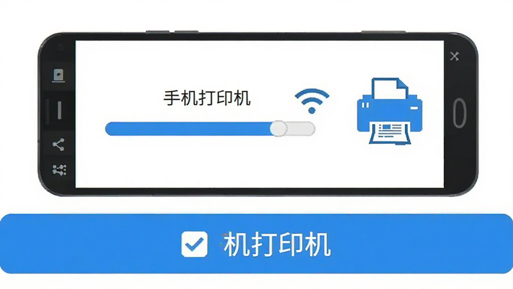 手机打印机操作步骤示意图,画面中一部安卓手机屏幕显示连接打印机的进度条,旁边有WiFi图标和打印机图标,画面下方有勾选权限的提示框,风格扁平化,蓝白配色,文字标注“手机打印机”,画质干净无多余元素