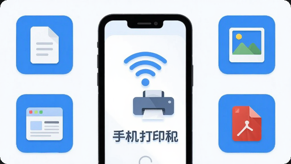 手机打印机软件主界面截图,画面中央是手机与打印机通过WiFi无线连接的图标,周围环绕着文档、照片、网页、PDF等可打印文件类型的小图标,整体布局简洁,蓝白配色,风格现代扁平,细节圆润,画质干净无多余元素,图片中文字标注“手机打印机”