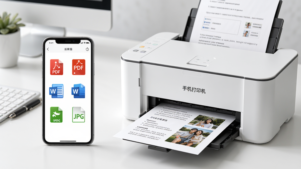 手机打印机功能展示图,画面中一部手机屏幕显示文件列表,包括PDF、Word、JPG等格式图标,手机旁边是一台正在出纸的打印机,打印出的纸张上有文档和照片内容,背景是整洁的办公桌面,风格清新写实,画质清晰,图片中文字标注“手机打印机”