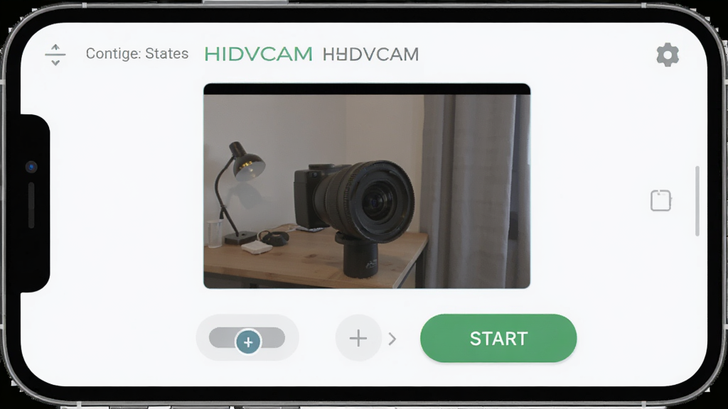 һ��չʾHIDVCAM���������ͼƬ�������������ֻ���Ļ�ϵ�HIDVCAMӦ�ý��棬����Ϊ������ʾ����״̬������ͼ�꣬�в�������ͷԤ�����棬�ײ��Ƿֱ���ѡ��Ϳ�ʼ��ť�����Ϊ�ִ���Լ��ƽ����ƣ�ϸ���ϰ�ťԲ���������������ʸɾ��������޶���Ԫ��