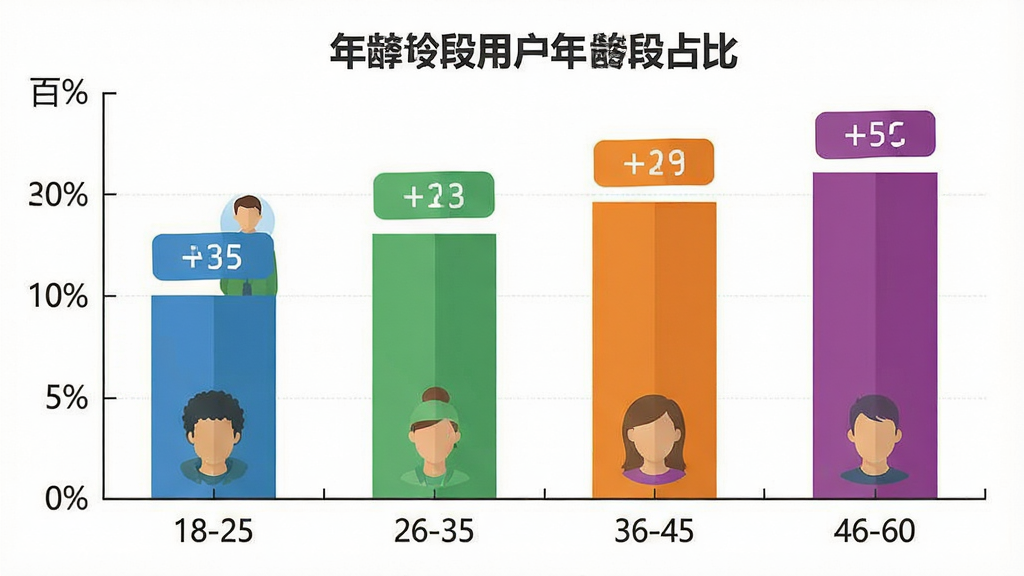 一张展示不同年龄段用户头像和占比的柱状图,主体是柱状图,横轴为年龄段18-25、26-35、36-45、46-60,纵轴为百分比,布局居中,排版清晰,风格为扁平化信息图,细节上柱子颜色分别为蓝、绿、橙、紫,每个柱子上方有具体数字标签,画质干净,无多余元素
