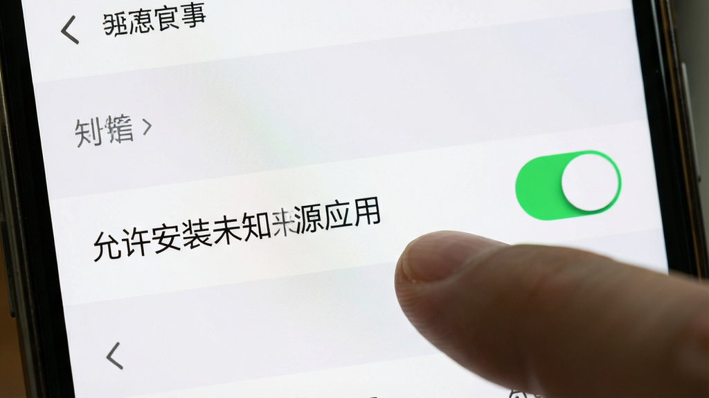 一张展示手机设置界面的图片,主体是手指正在点击“允许安装未知来源应用”的开关按钮,布局居中,排版简洁,风格为写实UI风格,细节上开关呈现绿色开启状态,背景是手机设置菜单,画质清晰,无多余元素