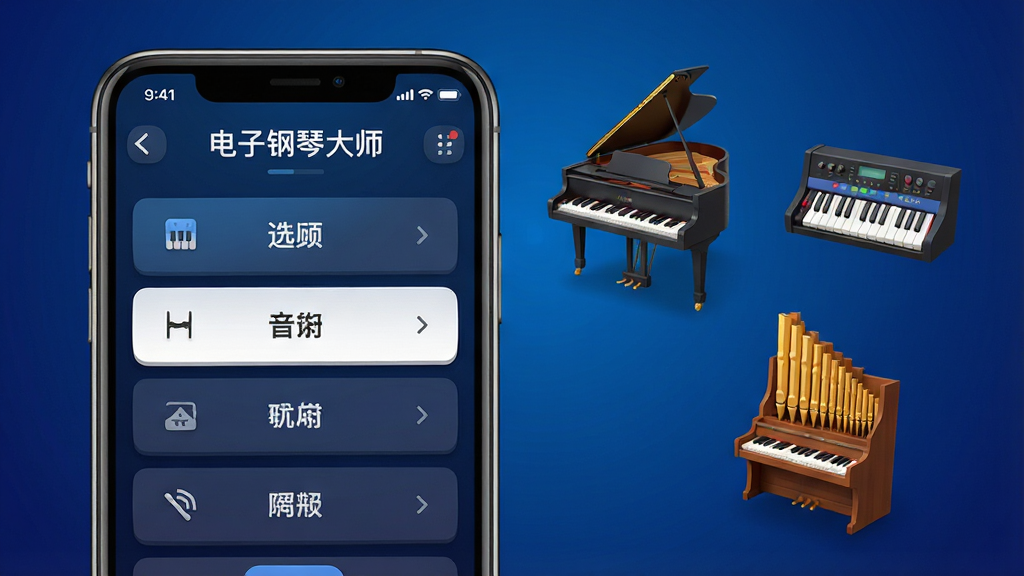 一张展示“电子钢琴大师”音色切换界面的图片,主体是手机屏幕显示音色选择菜单,旁边漂浮着钢琴、电钢琴、管风琴的图标,布局为左右分栏,排版清晰,风格为卡通扁平化,细节上图标有立体感,背景是深蓝色渐变,画质干净明亮,无多余元素