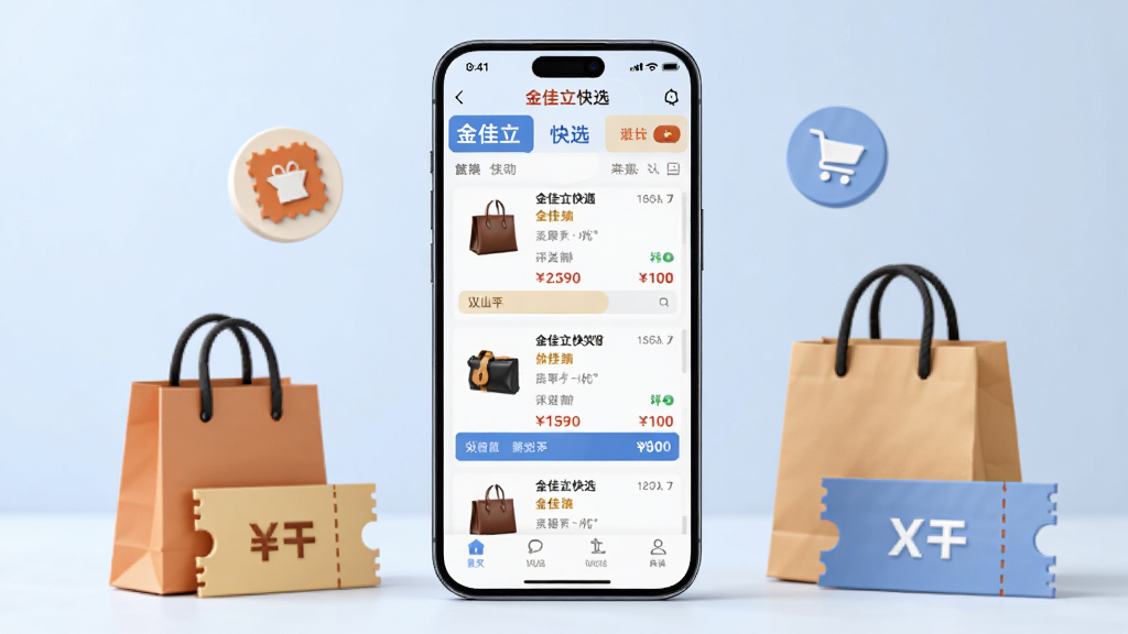 一张展示手机购物比价场景的图片,画面中央是一部智能手机,屏幕上显示着金佳立快选的应用界面,界面里有商品列表和价格对比条,手机周围散落着几个购物袋和优惠券图标,背景是淡蓝色的简约风格,整体画质干净明亮,无多余元素