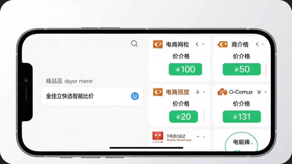一张展示金佳立快选智能比价功能的图片,画面中一部手机横屏显示,左侧是商品链接输入框,右侧是多个电商平台的价格对比列表,价格数字用绿色高亮标注最低价,背景是白色和浅灰色搭配,风格简洁现代,画质清晰干净