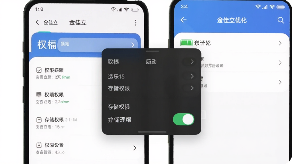 一张展示金佳立快选在手机上运行时的权限设置和后台管理界面的图片,画面中手机屏幕显示应用权限列表,悬浮窗和存储权限开关处于开启状态,旁边有电池优化设置页面,整体布局清晰,风格简约,画质干净