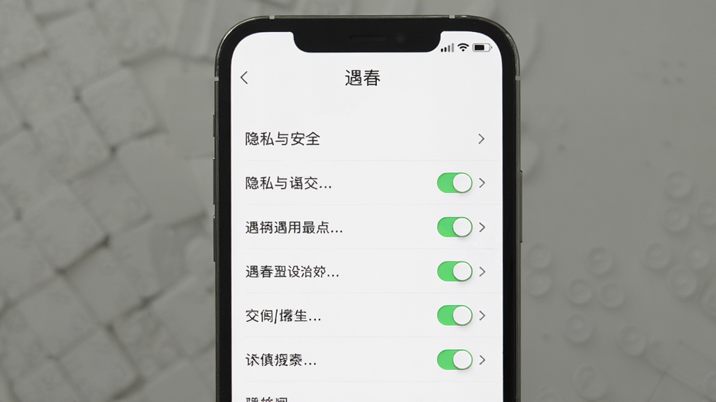����Ӧ�����ý��棬����Ϊ�ֻ���Ļ��ʾ��˽�밲ȫ����ѡ���б�������Ϊ����˵�ʽ���Ű����룬��񼫼򹤾߷磬ϸ���п��ذ�ť�ͼ�ͷͼ�꣬���ʸɾ��޶���Ԫ�أ����涥���С�����������