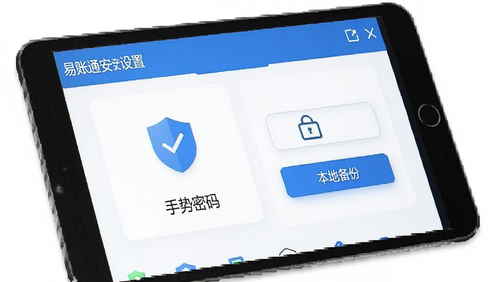 易账通安全设置界面,展示手势密码锁和本地备份选项,屏幕上有盾牌图标和“数据本地存储”字样,蓝白配色,布局清晰,风格简洁安全