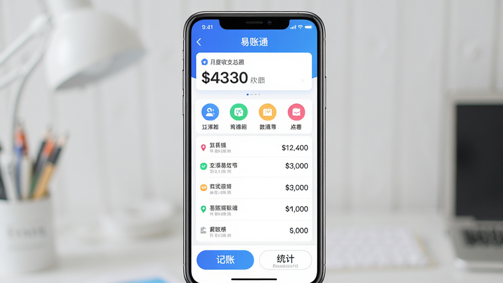 手机屏幕中央展示“易账通”应用主界面,顶部显示月度收支总额,中间是清晰的分类图标和账单列表,底部为记账按钮和统计入口,整体采用蓝白配色,风格清爽现代,布局简洁明了,画质干净无多余元素