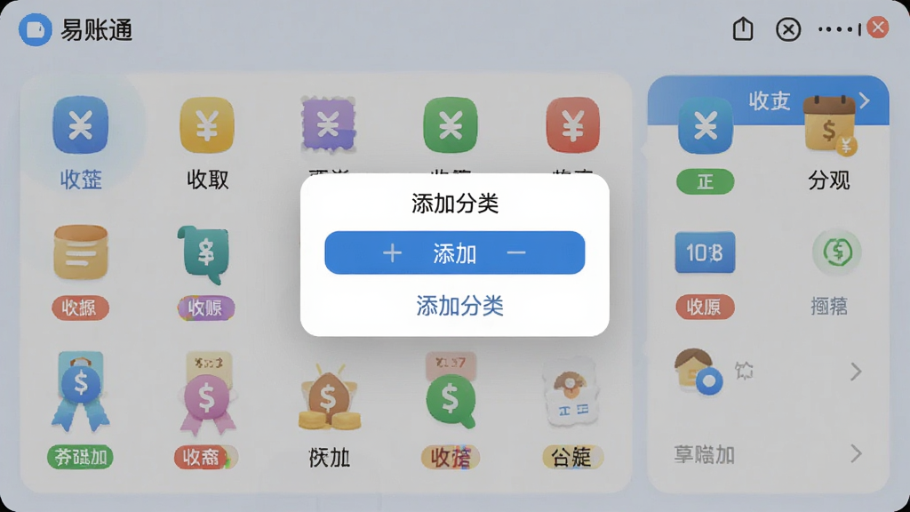 易账通应用界面截图,展示丰富的收支分类图标和颜色标签,中间有添加分类的弹窗,界面整洁,蓝白主色调,图标设计圆润,画质清晰