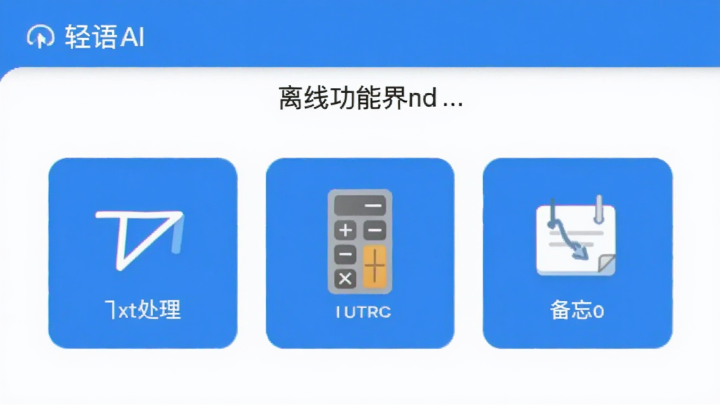 轻语AI 离线功能界面展示,包含文本处理、计算器、备忘录图标,布局整齐,蓝白配色,风格简洁,画质清晰