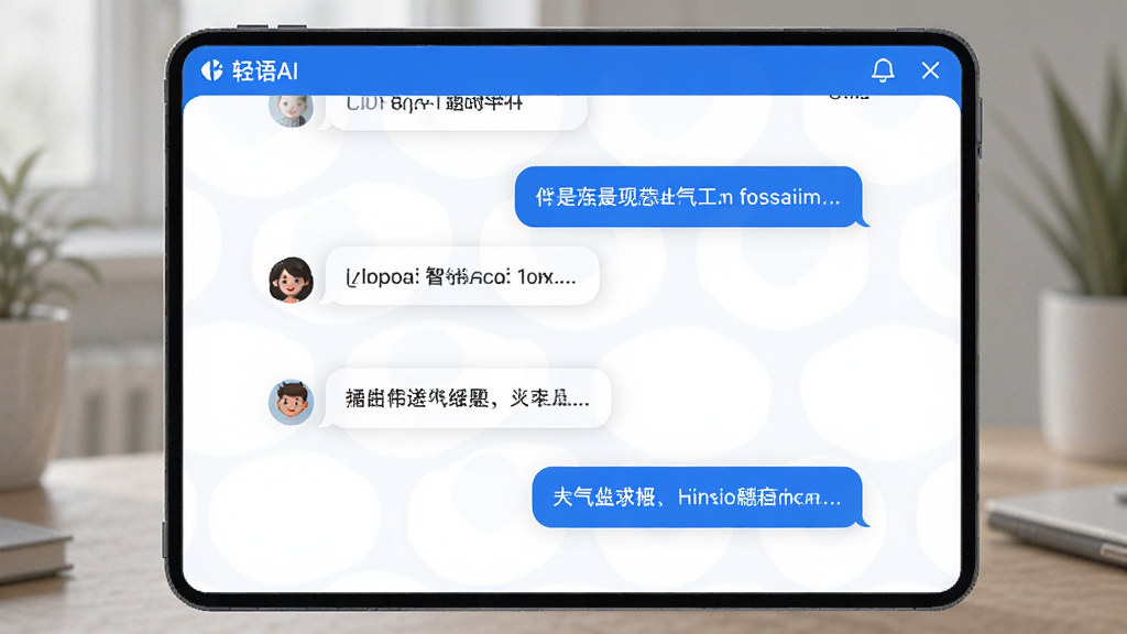 轻语AI 智能对话界面,用户正在与AI进行多轮交流,聊天气泡清晰展示对话内容,界面简洁,蓝白配色,风格现代,画质干净