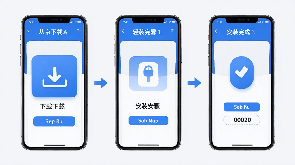 轻语AI 安装步骤示意图,展示从下载到安装完成的三个步骤,手机界面清晰,蓝白配色,风格简洁,画质干净
