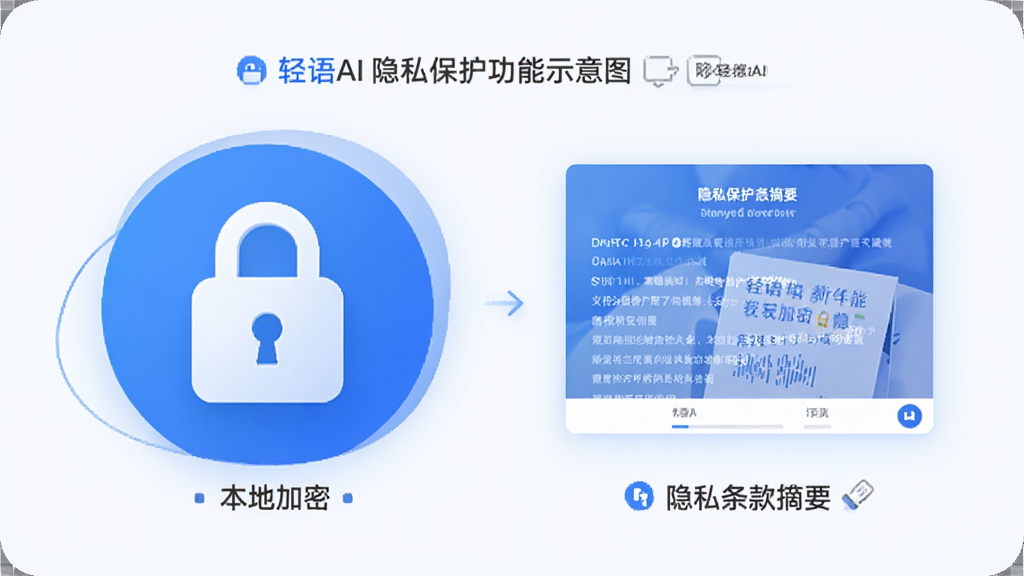 轻语AI 隐私保护功能示意图,展示本地加密锁图标和隐私条款摘要界面,蓝白配色,风格简洁,画质清晰