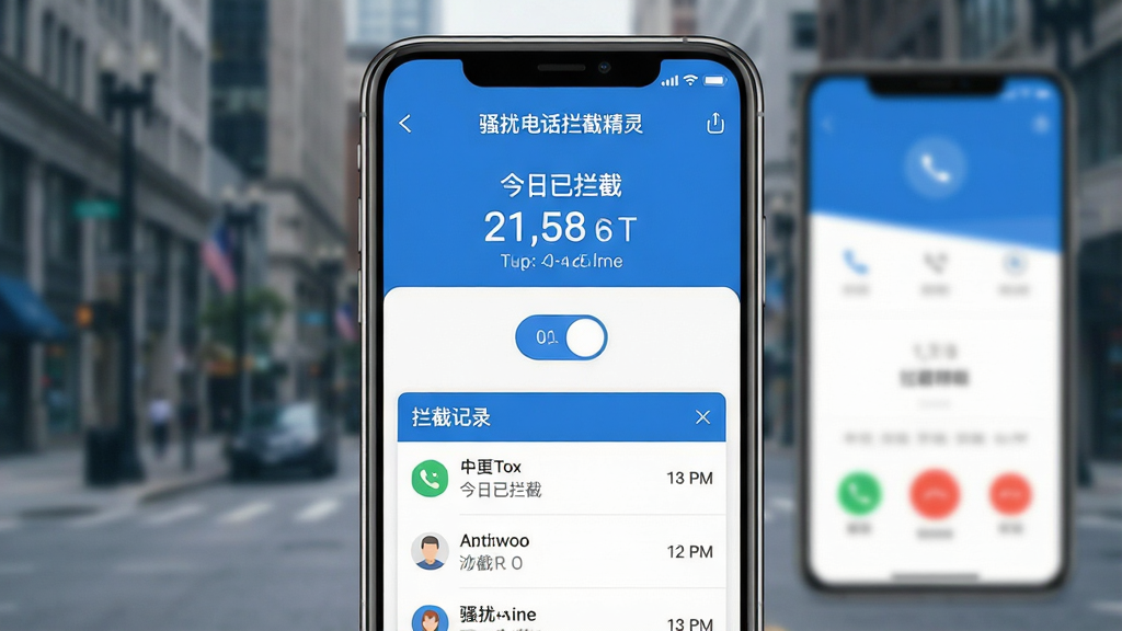 一张手机屏幕特写,屏幕中央是“骚扰电话拦截精灵”App的主界面,界面以蓝白配色为主,顶部显示“今日已拦截”和数字统计,中间是拦截开关按钮和拦截记录列表,背景是模糊的城市街景和手机来电界面,整体风格简洁现代扁平化,画质干净清晰无多余元素