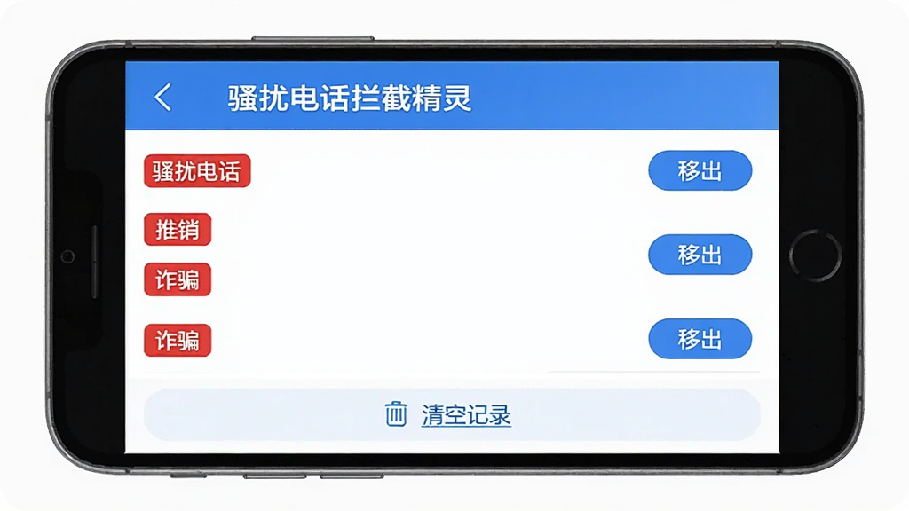 手机屏幕展示“骚扰电话拦截精灵”的拦截记录页面,列表中用红色标签标注“骚扰电话”“推销”“诈骗”等分类,右侧有“移出”按钮,页面底部有“清空记录”选项,整体界面干净整洁,蓝白配色,风格简约现代,画质清晰无多余装饰