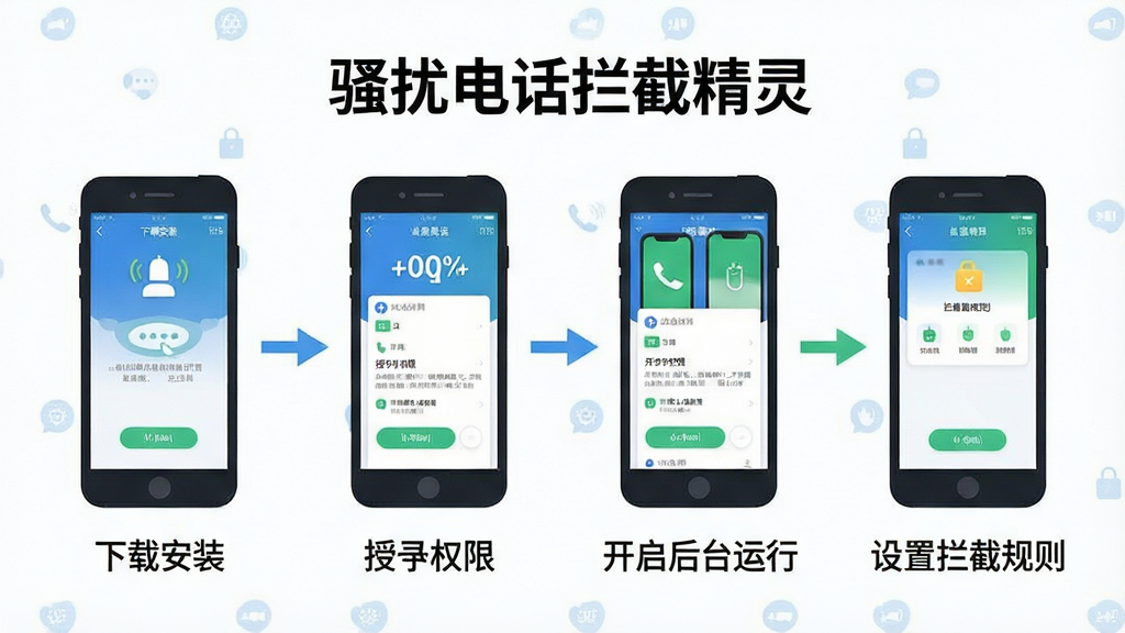 一张信息图风格的插图,展示“骚扰电话拦截精灵”的使用步骤,从左到右依次是下载安装、授予权限、开启后台运行、设置拦截规则四个步骤,每个步骤配有手机界面小图和简单文字标注,整体风格扁平化,蓝白绿配色,画质干净清晰,无多余元素