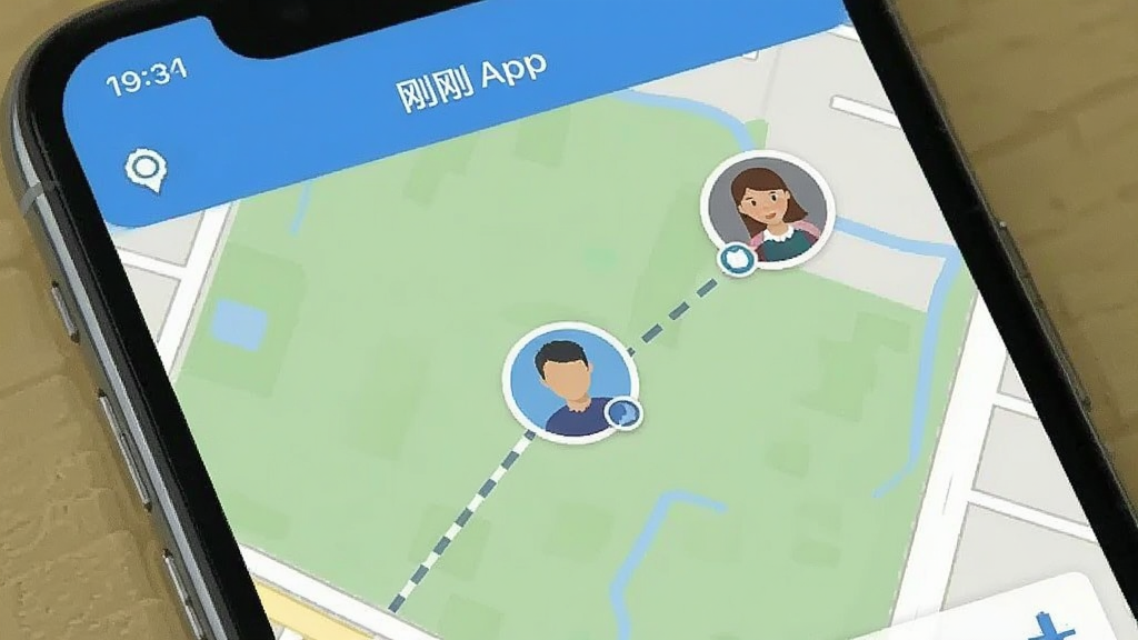 一张手机界面截图,屏幕中显示刚刚App的地图界面,地图上有两个用户头像,其中一个头像正在移动,地图上用虚线标出了移动轨迹,界面顶部显示“刚刚”App名称,整体风格为扁平化设计,画质清晰干净