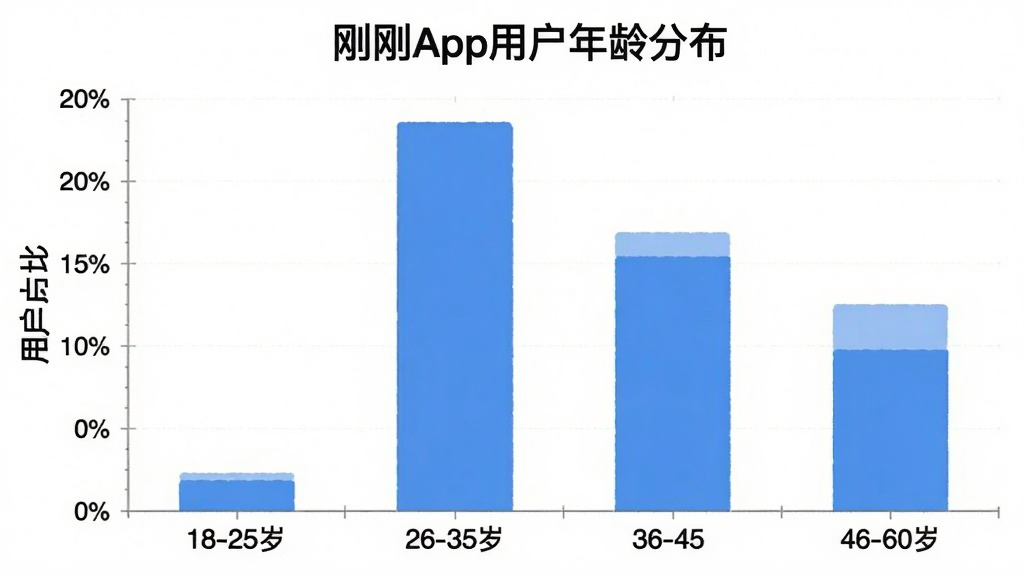 一张柱状图,横轴为年龄段18-25岁、26-35岁、36-45岁、46-60岁,纵轴为用户占比,柱状图显示26-35岁占比最高,图片标题为“刚刚App用户年龄分布”,风格简洁清晰,画质干净