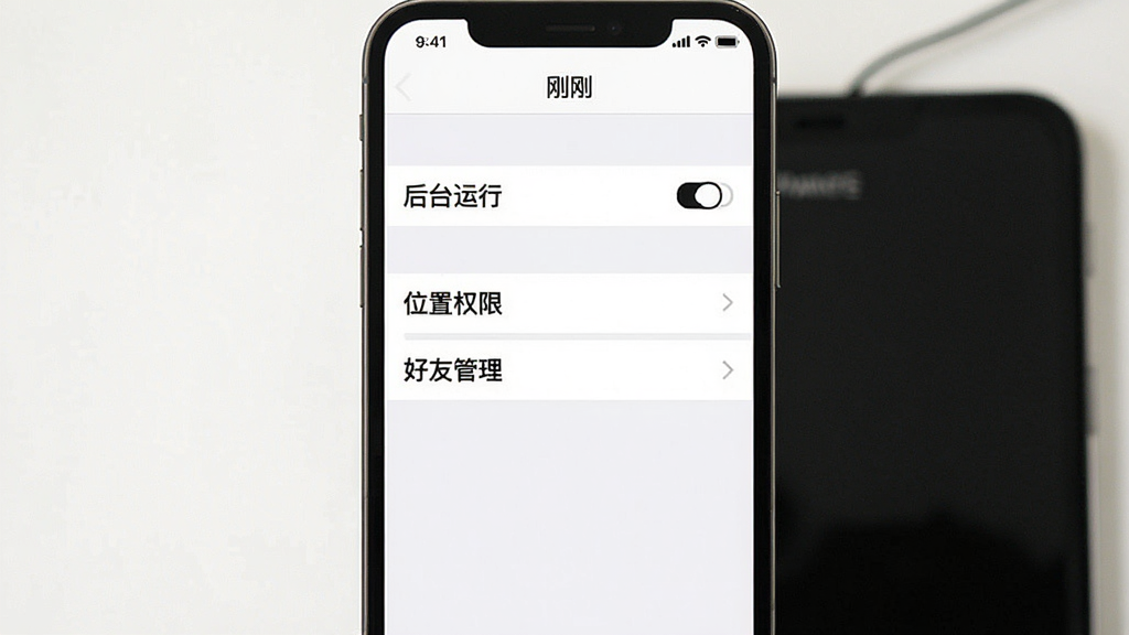 一张展示刚刚App设置页面的图片,页面设计简洁,白底黑字,选项包括“后台运行”、“位置权限”、“好友管理”等,页面顶部有“刚刚”字样,风格极简,画质干净,无多余装饰元素