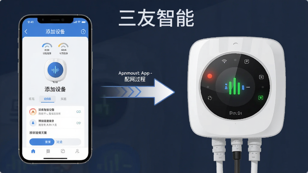 一张展示三友智能app配网流程的示意图,画面左侧是手机屏幕显示添加设备界面,右侧是智能设备指示灯闪烁的画面,中间用箭头连接表示配网过程,整体采用扁平化插画风格,细节清晰,画质干净,图片中带有“三友智能”文字