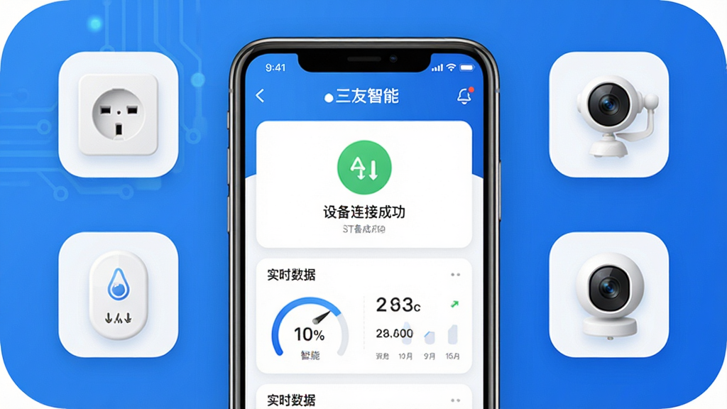 一张展示三友智能app核心界面的概念图,画面中央是一部智能手机,屏幕上显示着设备连接成功的状态和实时数据仪表盘,周围环绕着智能插座、温湿度传感器、摄像头等物联网设备图标,整体布局清晰,采用蓝白科技风格,细节圆润,画质干净无多余元素,图片中带有“三友智能”文字标识