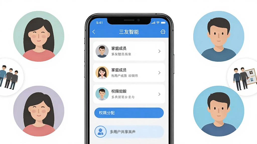 一张展示三友智能app多用户共享功能的示意图,画面中一部手机屏幕显示家庭成员列表和权限分配选项,周围有多个用户头像图标,整体采用扁平化设计风格,细节清晰,画质干净,图片中带有“三友智能”文字