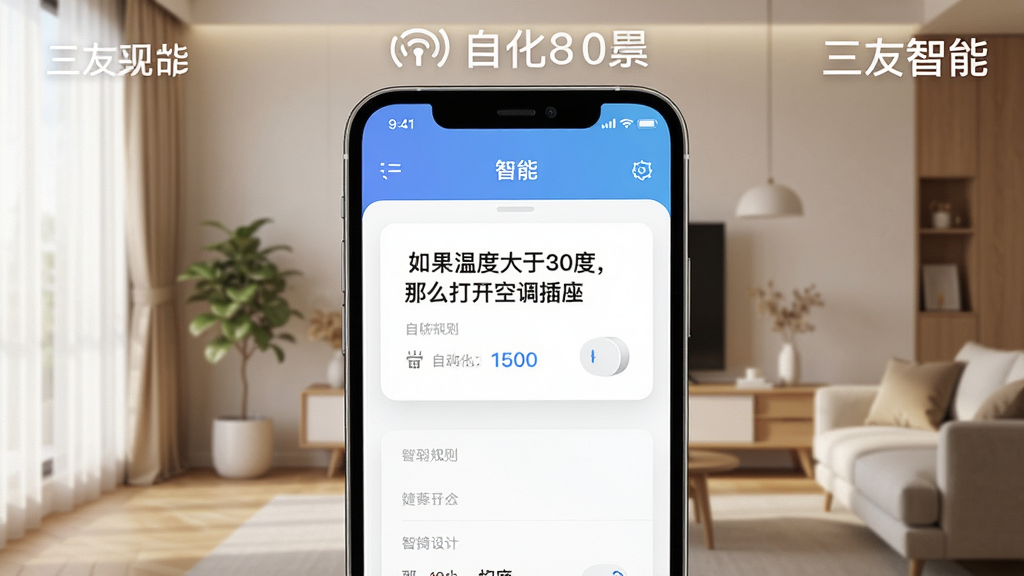 一张展示三友智能app智能场景设置界面的概念图,画面中手机屏幕显示“如果温度大于30度,那么打开空调插座”的自动化规则卡片,背景是温馨的家居环境,风格现代简约,细节清晰,画质干净,图片中带有“三友智能”文字