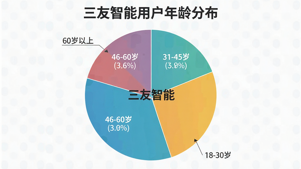 一张展示三友智能用户年龄分布饼状图的信息图,画面中央是彩色饼图,分为18-30岁、31-45岁、46-60岁、60岁以上四个扇区,每个扇区标注百分比,整体采用扁平化设计风格,细节清晰,画质干净,图片中带有“三友智能”文字