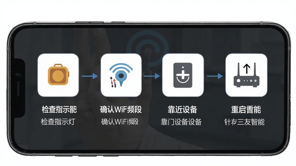 一张展示三友智能app常见问题解决步骤的示意图,画面以手机屏幕为载体,依次显示检查指示灯、确认WiFi频段、靠近设备、重启路由器四个步骤图标,整体采用信息图风格,细节清晰,画质干净,图片中带有“三友智能”文字