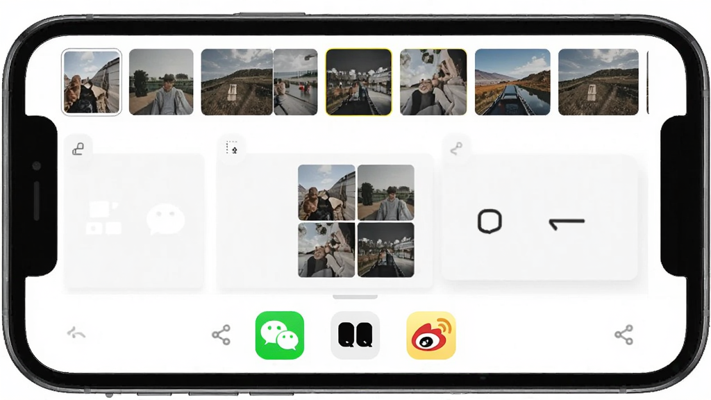 һ��չʾ��ƴAPP����ƴͼ�ͷ������ܵ���ͼ���������ֻ���Ļ��ʾ��ƴ��ͼƬѡ�����ͷ�����壬����Ϊ�Ϸ�����ѡͼƬ����ͼ�б����м���ƴͼԤ�����·���΢�š�QQ��΢���ȷ���ͼ�꣬�Ű��������򣬷����ˬ��Լ��ϸ���Ϸ���ͼ�������ɱ桢ͼƬ����ͼ���й��������ʸɾ��޶���Ԫ��