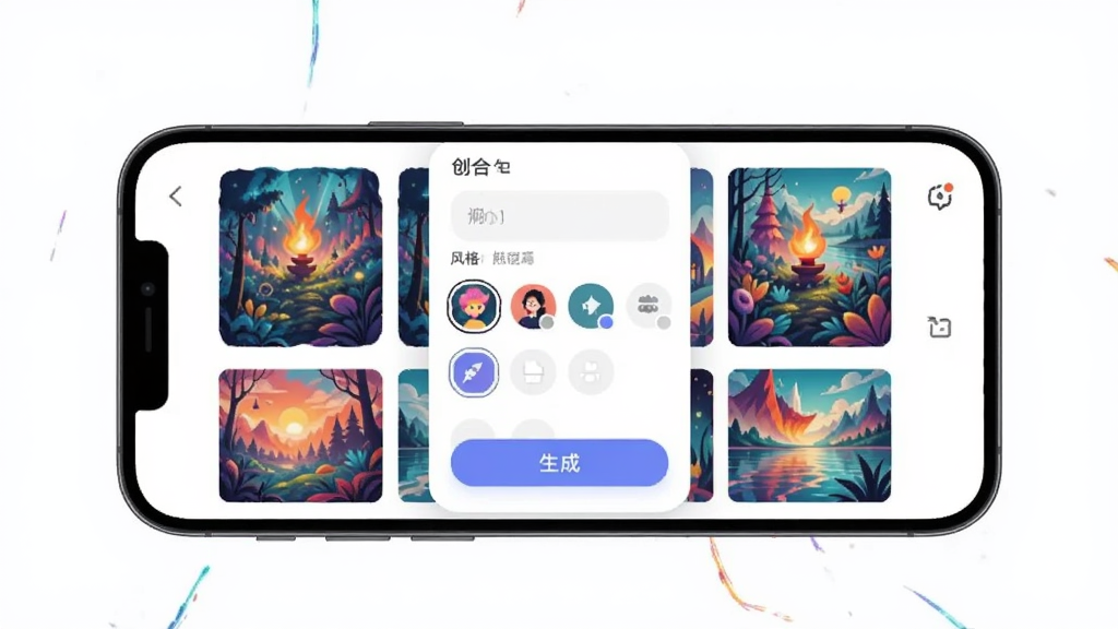 �λ�AI�滭 �ֻ�Ӧ�ý���չʾ������Ϊһ�������ֻ���Ļ����Ļ����ʾ�λ�AI�滭�Ĵ��������棬��������򡢷��ѡ���������ɰ�ť�����ּ���������Ű�Ϊ����չʾ�ֻ����棬���Ϊ�ִ���ƽ��UI��ƣ�ϸ������Ļ��չʾɫ�ʷḻ��AI��������ͼ�����ʸ���ɾ��޶���Ԫ��