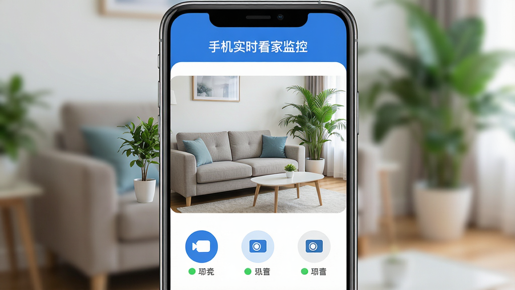 手机实时看家监控应用主界面,手机屏幕中央显示家庭客厅实时监控画面,画面中有沙发和绿植,屏幕上方显示“手机实时看家监控”应用名称,下方有多个摄像头连接状态图标,界面简洁清爽,蓝白配色为主,整体布局清晰,现代扁平化设计风格,细节圆润,画质干净高清,无多余元素