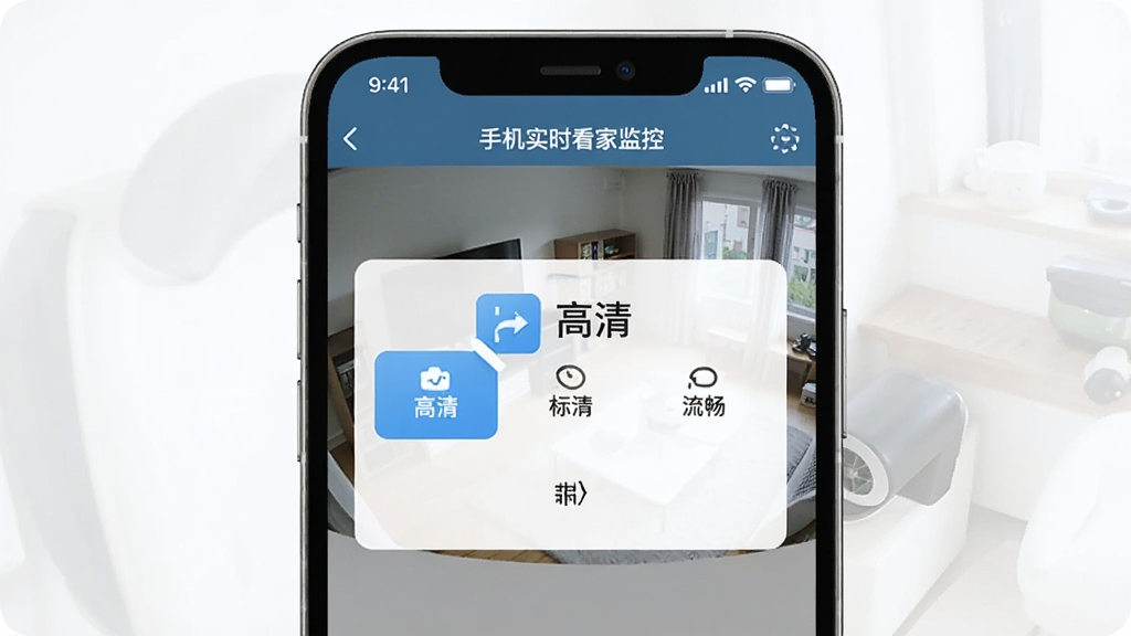 手机实时看家监控画质切换操作界面,手机屏幕展示“手机实时看家监控”应用内画质选择菜单,显示高清、标清、流畅三个选项,背景是监控画面预览,界面风格简洁现代,配色清爽,布局合理,画质干净,无多余元素