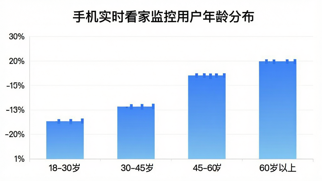 手机实时看家监控用户年龄分布柱状图,横轴标注18-30岁、30-45岁、45-60岁、60岁以上四个年龄段,纵轴标注用户占比百分比,柱状图颜色为蓝色渐变,图表上方显示“手机实时看家监控用户年龄分布”标题,背景干净白色,设计简洁现代,画质清晰,无多余元素