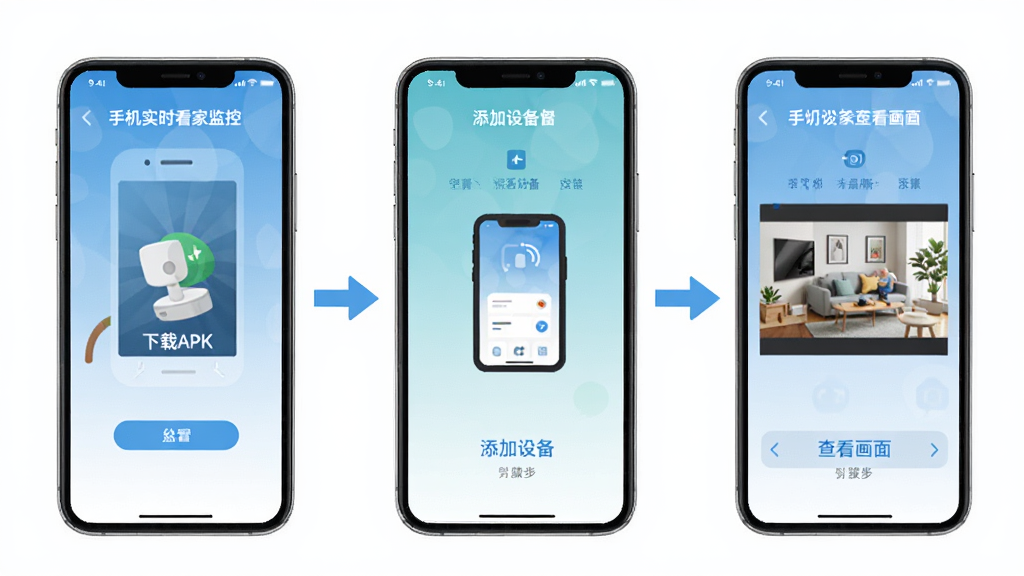 手机实时看家监控新手安装操作流程图,画面展示手机屏幕上“手机实时看家监控”应用安装步骤,从下载APK到添加设备到查看画面的三个步骤,用箭头连接,界面简洁明了,配色清爽,扁平化设计风格,画质干净清晰,无多余元素