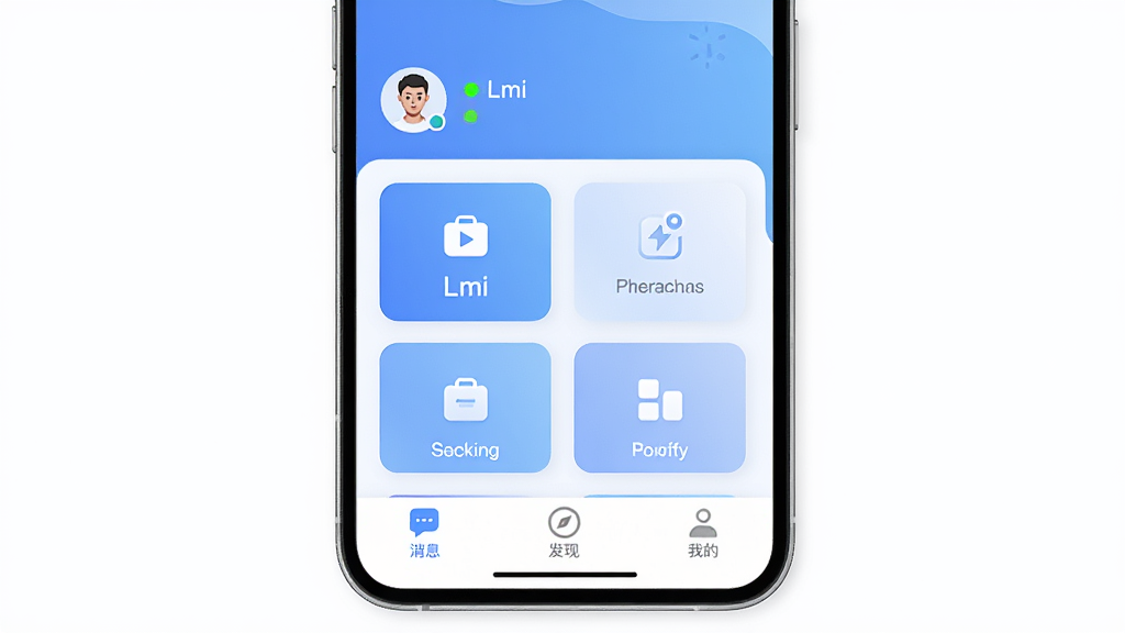 Lmi App������չʾ�����岼����ˬ��࣬������ʾ�û�ͷ�������״̬���м��ǹ��ܿ�Ƭ��ڣ��ײ�Ϊ��Ϣ�����֡��ҵ�����������ǩ������ɫ�������׽���Ϊ��������ִ���ƽ��ϸ��Բ�󣬻��ʸɾ��������޶���Ԫ�أ�ͼƬ�д��С�Lmi�����ֱ�ʶ
