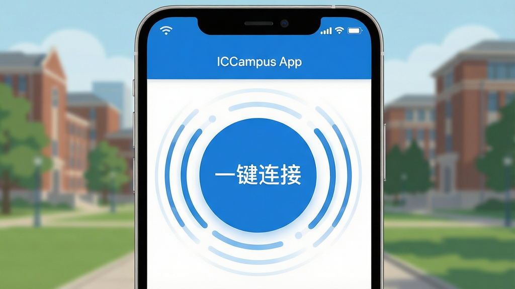 һ��չʾ��ICampus��Appһ����֤���ܵĽ����ͼ���ͼƬ������������һ�������ֻ���Ļ����Ļ����ʾһ������Բ�ΰ�ťд�š�һ�����ӡ�����ť��Χ�ж�̬����Ч�����������黯�Ĵ�ѧУ԰�羰������״̬����ʾWiFiͼ����ź�ǿ�ȣ�����ɫ��Ϊ�Ƽ����Ͱ�ɫ������ƽ�������ʸɾ����޶���Ԫ��