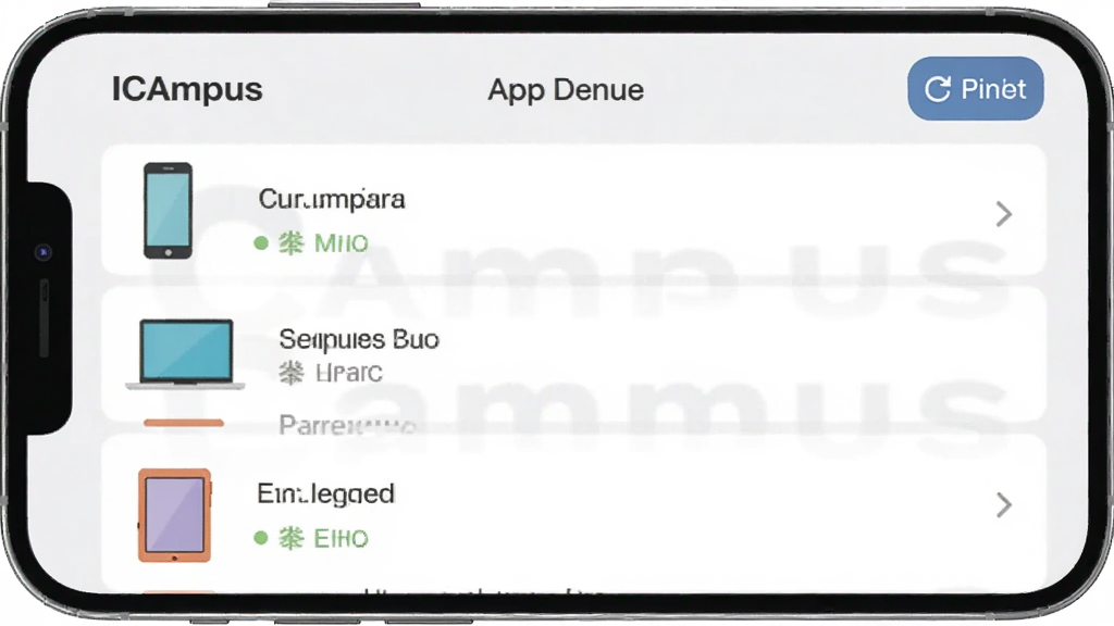 һ��չʾ��ICampus��App�豸���������ͼƬ��������һ���ֻ��������ã���Ļ����ʾ��һ���豸�б����б������ֻ����ʼǱ����ԡ�ƽ����Ե�ͼ�꣬ÿ��ͼ���Ա����豸���ƺ�����״̬�����Ͻ���һ����ˢ�¡���ť��������ǳ��ɫΪ�ף�ͼ��Ϊ��ɫ������ִ���࣬�����������޶���Ԫ��