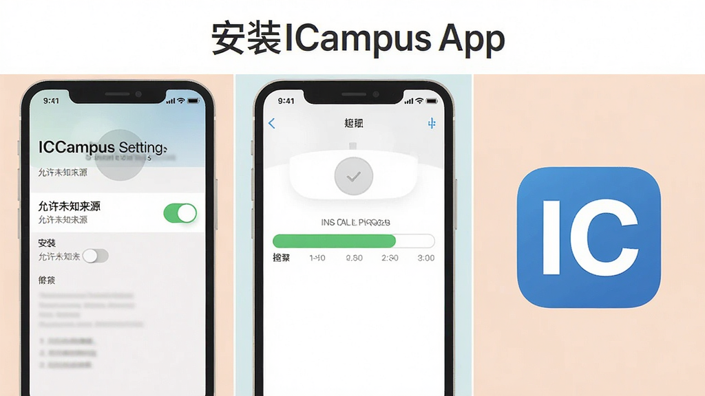 һ��չʾ�ֻ���װ��ICampus��App���̵Ĳ���ʾ��ͼ�������Ϊ�������֣�������ֻ������С�����δ֪��Դ���Ŀ��ؽ��棬�м��ǰ�װ���������ұ��ǰ�װ��ɺ��Appͼ�꣬ͼ��Ϊ��ɫ������ɫ��ĸ��IC����������Ϊ��ƽ���̳̲�ͼ��ɫ����ͣ������������޶���Ԫ��