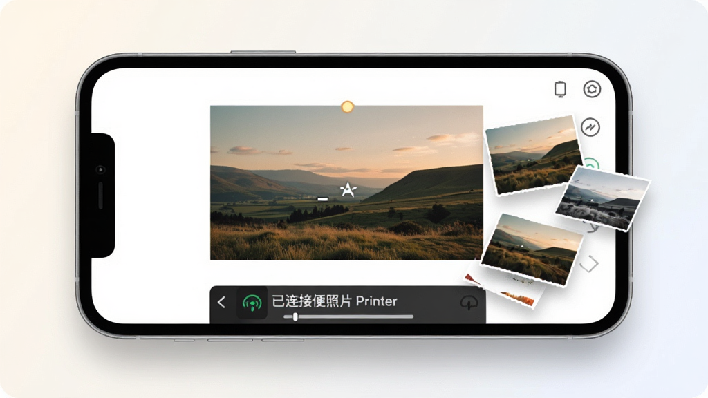 һ��չʾ����App���Ľ�����ֻ�����ͼ���ֻ���Ļ����ʾ�ų��յı༭���棬�м���һ�����ڵ���ɫ���ķ羰��Ƭ���·������ӱ�Я��Ƭ��ӡ����״̬����ʾ�����ӣ��Ա�Ư���ż���С�ߴ�Ĵ�ӡ��Ʒ��Ƭ�����岼�ֲ��þ���չʾ���Ű������죬���Ϊ�ִ���ƽ���Ƽ��У�ϸ�����ֻ���Ե����͵���Ӱ��������ǳɫ���䣬���ʸɾ��������޶���Ԫ�ء�