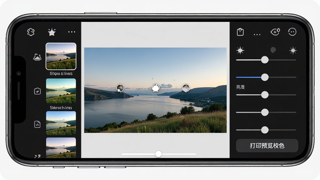 ����App��Ƭ�༭����Ĺ���չʾͼ������������һ��������õ������ֻ�����Ļ����ʾ�ų��յı༭���棬������˾�ѡ�������м������ڵ���ɫ���ķ羰��Ƭ���Ҳ������ȶԱȶȵȲ������飬���ֲ��ú����̿�����ʽ�����Ϊдʵ��UI�����ͼ�磬ϸ������Ļ����ʾ�š���ӡԤ��Уɫ���İ�ť�����������������޶���Ԫ�ء�