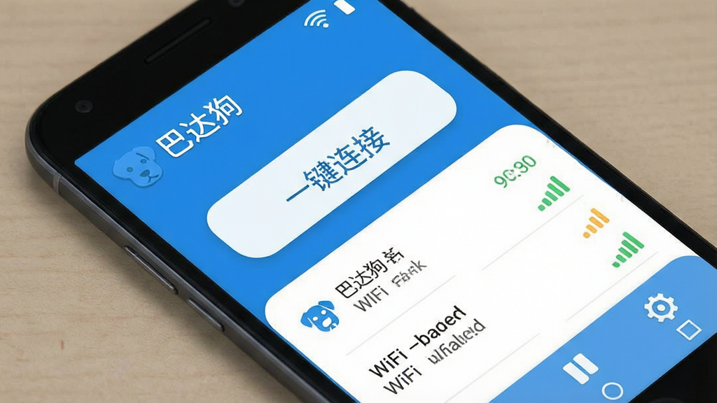 һ���ֻ�Ӧ�ý����ͼ��չʾ���ʹﹷ��App����ҳ������������һ����׿�ֻ�����Ļ��ʾ��ɫ�Ͱ�ɫΪ���ļ����棬�����С��ʹﹷ�����ֱ�ʶ��WiFi�ź�ͼ�꣬�м���һ����ťд�š�һ�����ӡ����·��б���ʾ�������õ�WiFi���ƺ��ź�ǿ�ȣ��ײ����������ı�ǩͼ�ꡣ��������������ִ���ƽ��ϸ��Բ�󣬻��ʸɾ��޶���Ԫ�ء�