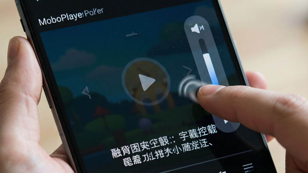 一张展示MoboPlayer手势控制与字幕挂载功能的图片,主体是一只手正在操作手机屏幕,屏幕上显示MoboPlayer播放界面,手指在屏幕右侧上下滑动,屏幕上有一个半透明的音量调节指示条,同时屏幕下方显示加载的中文字幕,布局为特写视角,排版简洁,风格为生活化写实风,细节上体现流畅的手势轨迹和清晰的字幕文字,画质高清,干净无多余元素。