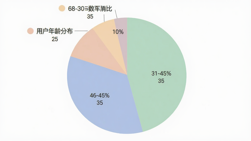 旧时光App用户年龄分布饼状图,图表显示18-30岁占比25%,31-45岁占比30%,46-60岁占比35%,60岁以上占比10%,配色柔和,布局清晰,风格简洁现代,画质干净,无多余元素