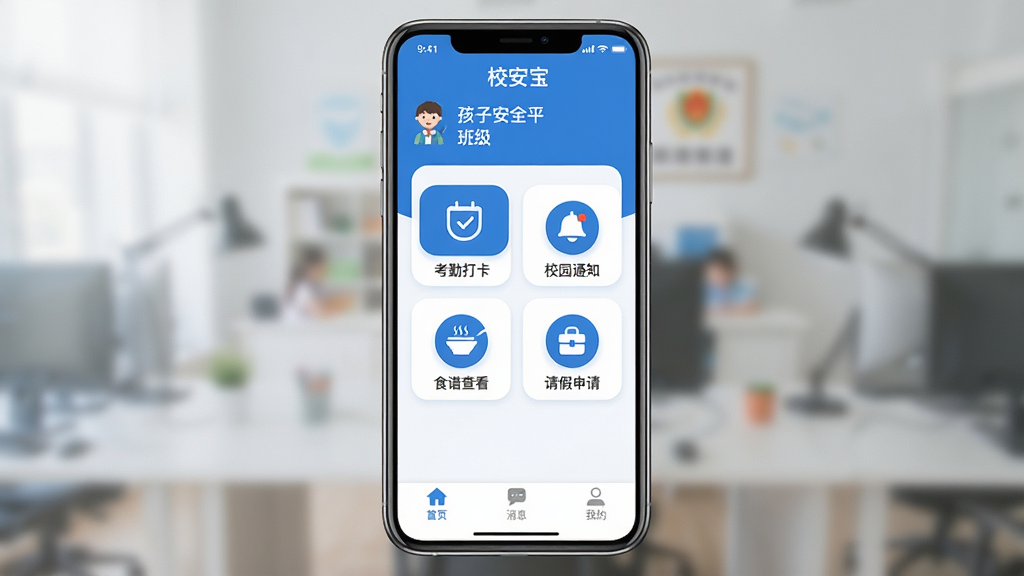 У�����ҳ�App������չʾ���ֻ���Ļ������ʾУ԰��ȫ�ػ�ƽ̨��ҳ�������Ǻ��������Ͱ༶��Ϣ���м��ǿ��ڴ򿨡�У԰֪ͨ��ʳ�ײ鿴����������ĸ�����ͼ�꣬�ײ�������Ϊ��ҳ����Ϣ���ҵ�����ѡ�������ɫ����ɫ�Ͱ�ɫΪ��������ɾ����࣬������ִ������������޶���Ԫ��