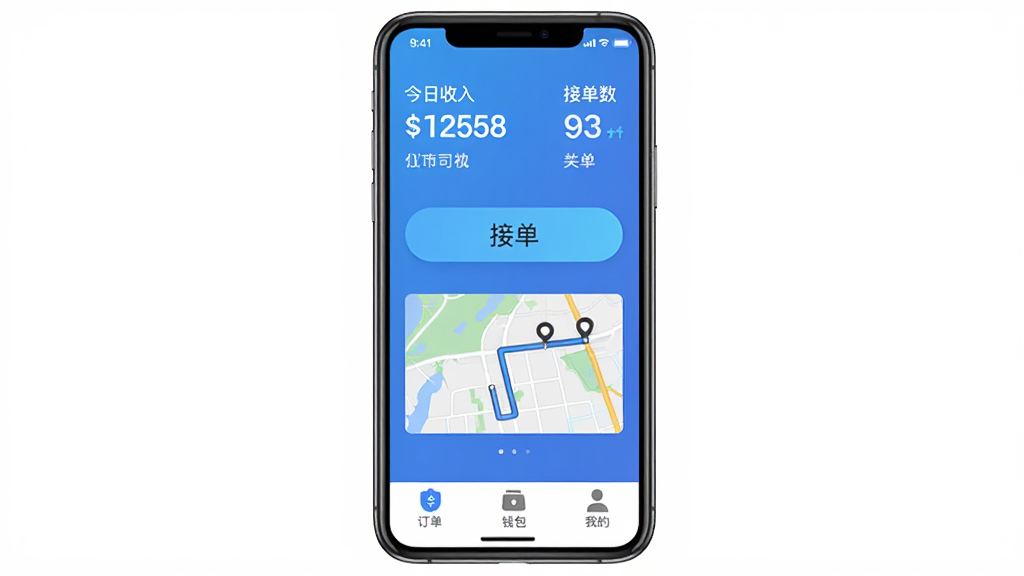 手机屏幕显示旅程司机极速版主界面,蓝色渐变背景,顶部显示今日收入金额和接单数量,中间是醒目的接单按钮和地图路线缩略图,底部有订单、钱包、我的三个图标,界面干净无广告,扁平化设计风格,画质清晰,无多余元素