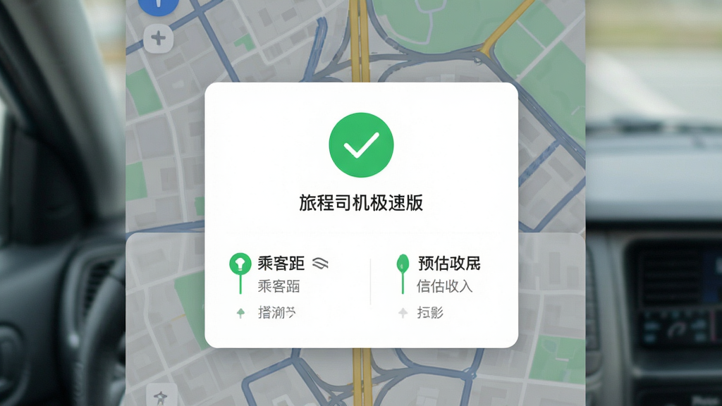 手机界面展示旅程司机极速版抢单成功弹窗,绿色对勾图标,背景是城市道路地图,订单卡片上显示乘客距离和预估收入,整体风格简洁明快,画质干净,无多余装饰
