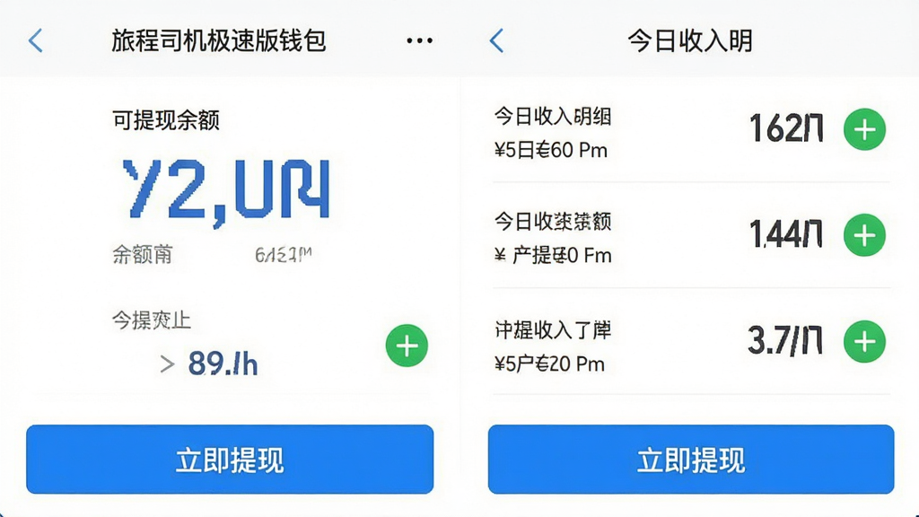 旅程司机极速版钱包页面截图,显示可提现余额和今日收入明细列表,每笔订单后面有绿色加号图标,底部有立即提现按钮,背景白色为主,蓝色点缀,数字字体清晰醒目,画质干净