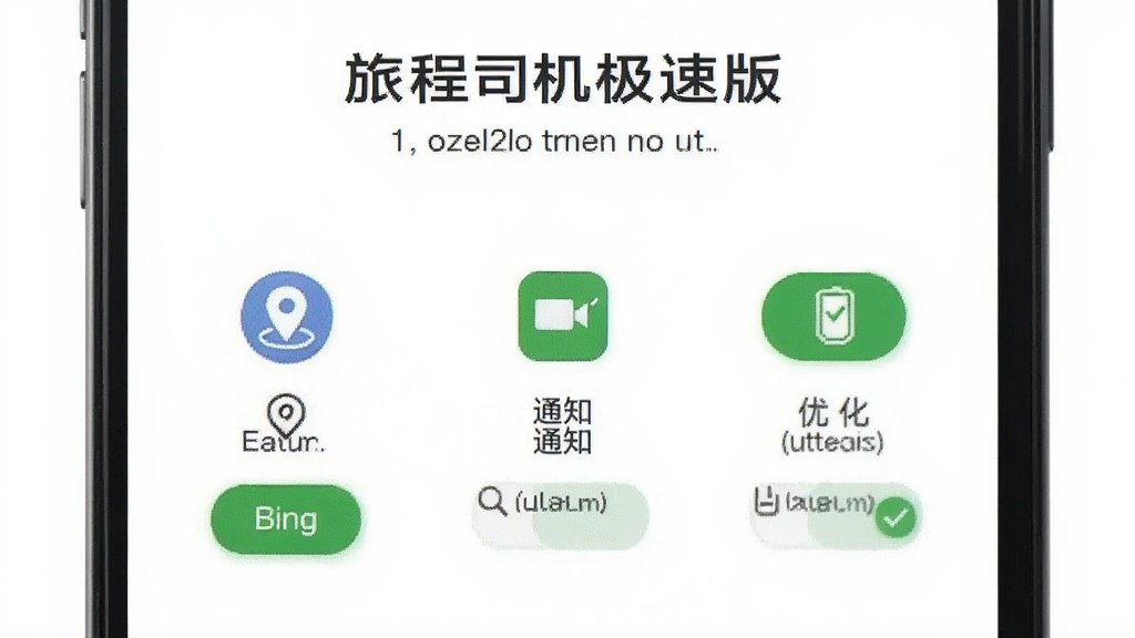 手机屏幕显示旅程司机极速版权限设置引导页面,有定位、通知、电池优化三个图标,每个图标旁边有绿色开启按钮,背景简洁白色,文字说明清晰,扁平化设计风格,画质干净无多余元素